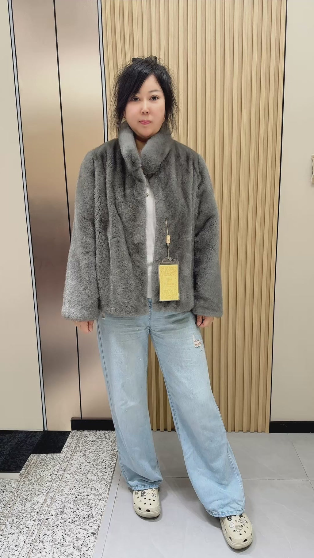 027 Grey Mink Fur Coat with Stand Collar