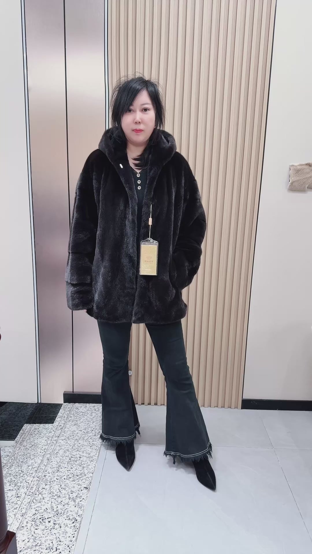 No. 088 Dark Brown Hooded Mink Fur Coat