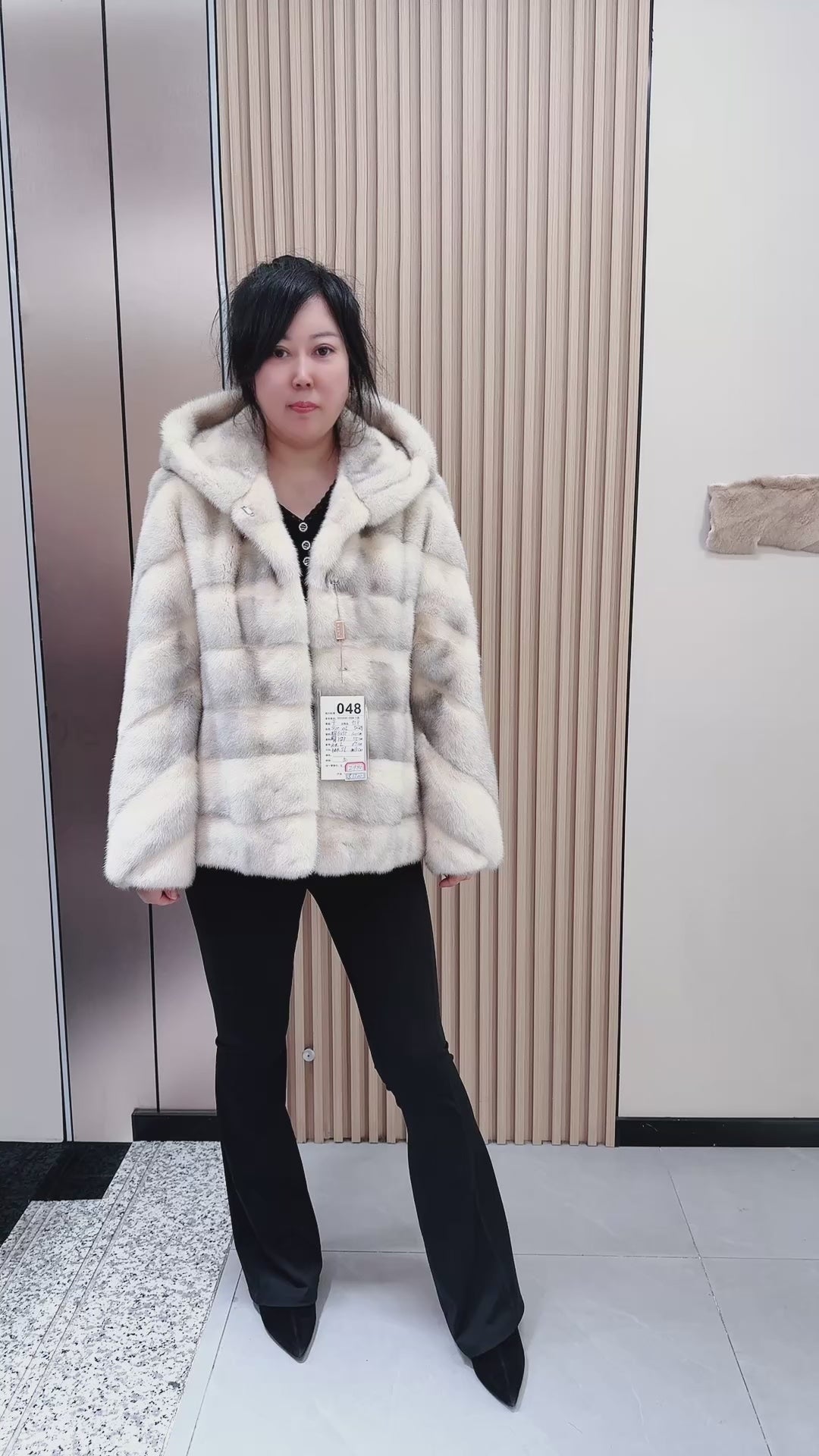 No. 048 White Cross Mink Hooded Fur Coat—Horizontal Design