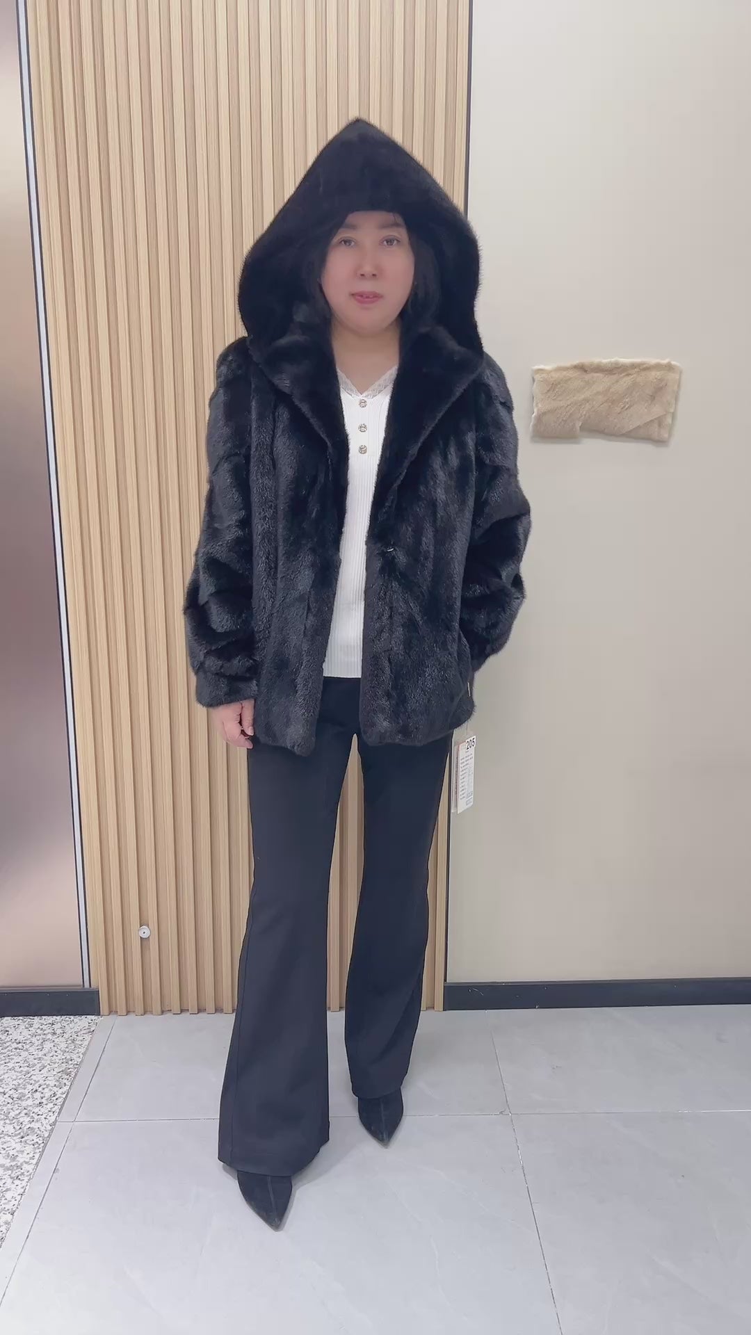 No. 205 Black Hooded Mink Fur Coat