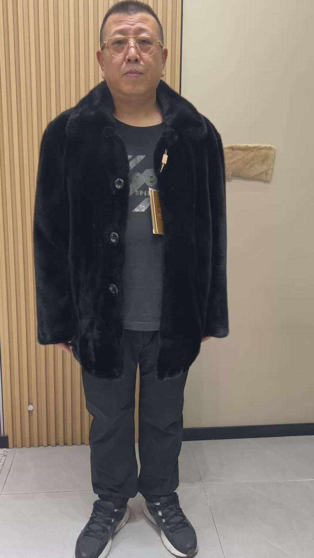 No. 123 Men's Black Mink Coat with Lapel Collar and Button-Front Closure