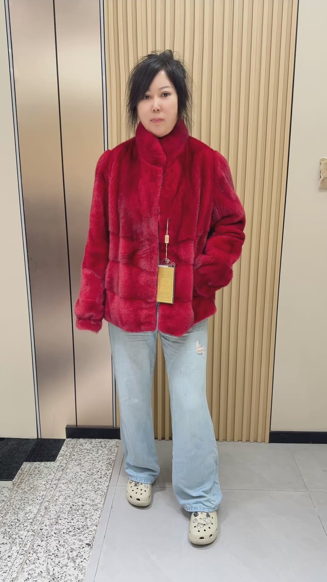 031 Dark Red Stand-Collar Mink Fur Coat (AB Fit)