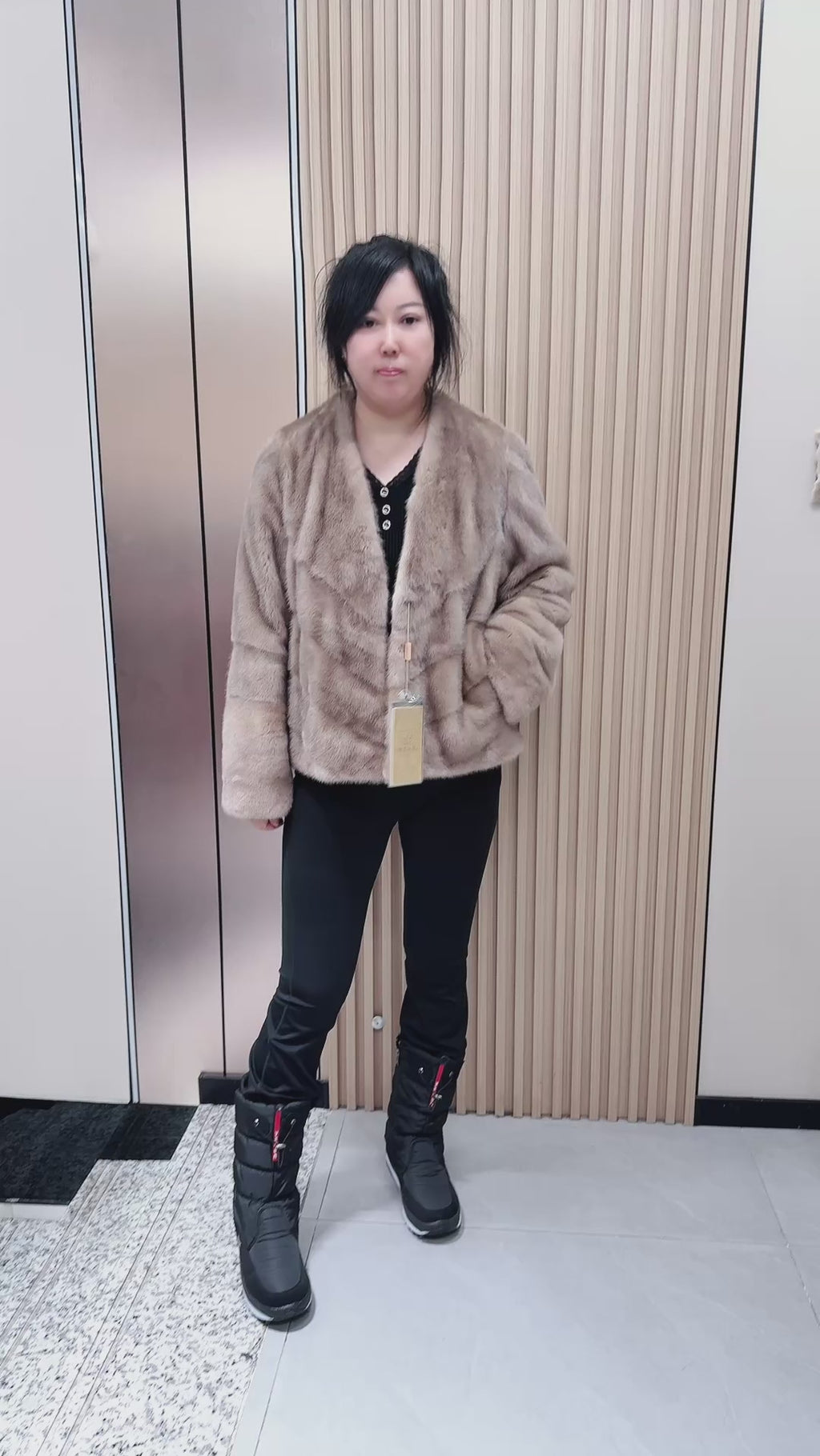 No. 064 Beige V-neck mink fur coat with AB-style cut.