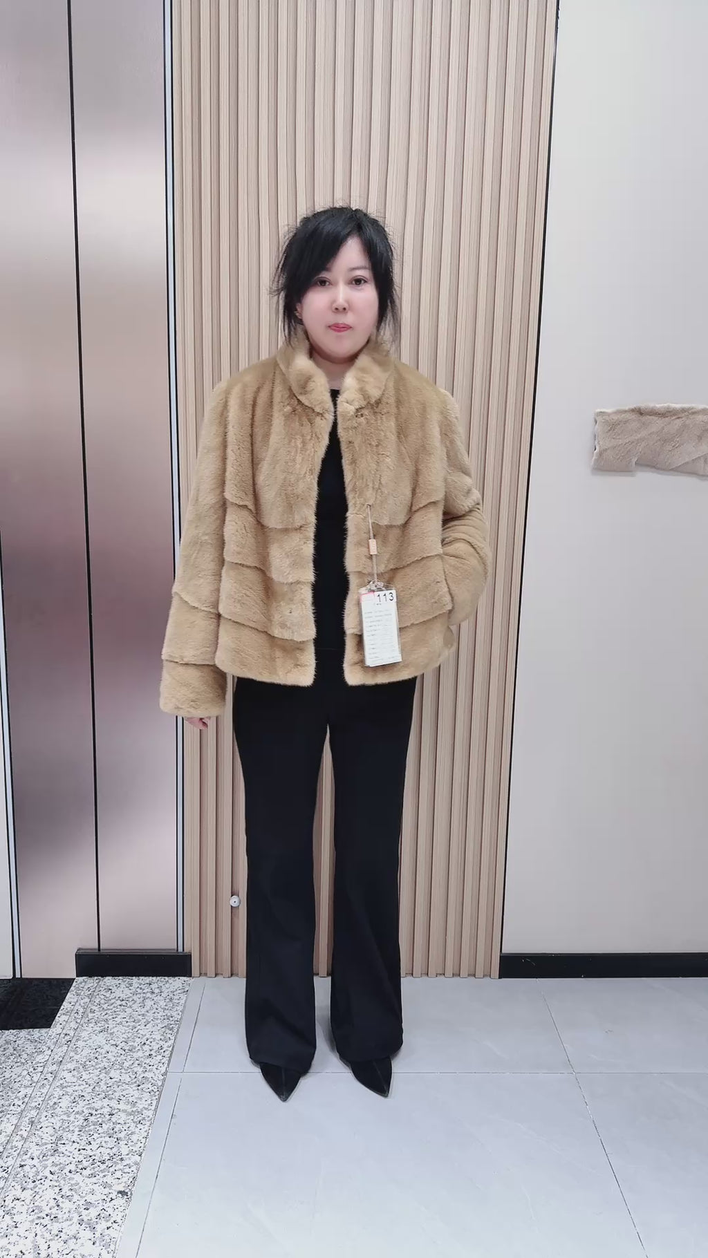 No. 113 Dark Beige Stand-Collar Mink Fur Coat