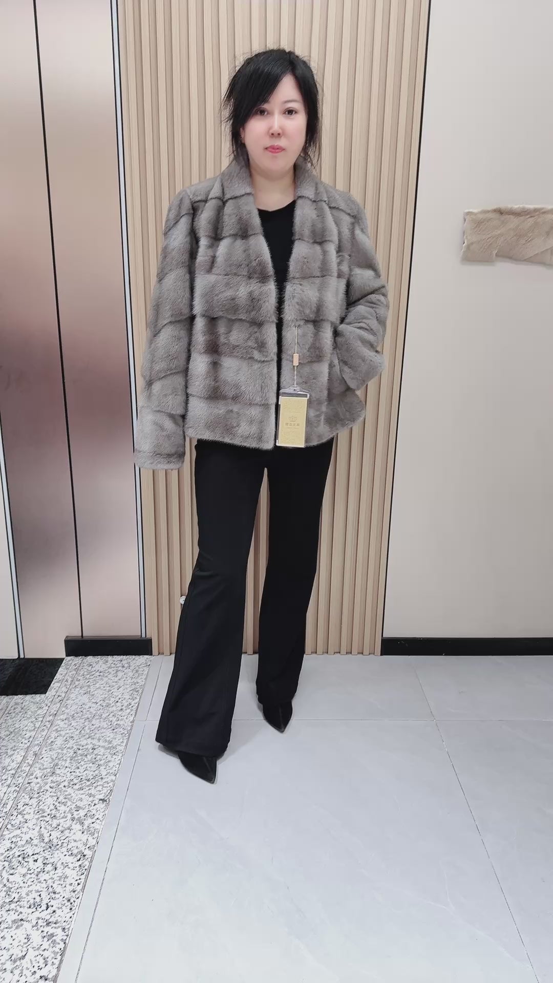 No. 096 Grey V-neck mink fur coat featuring a horizontal panel design.