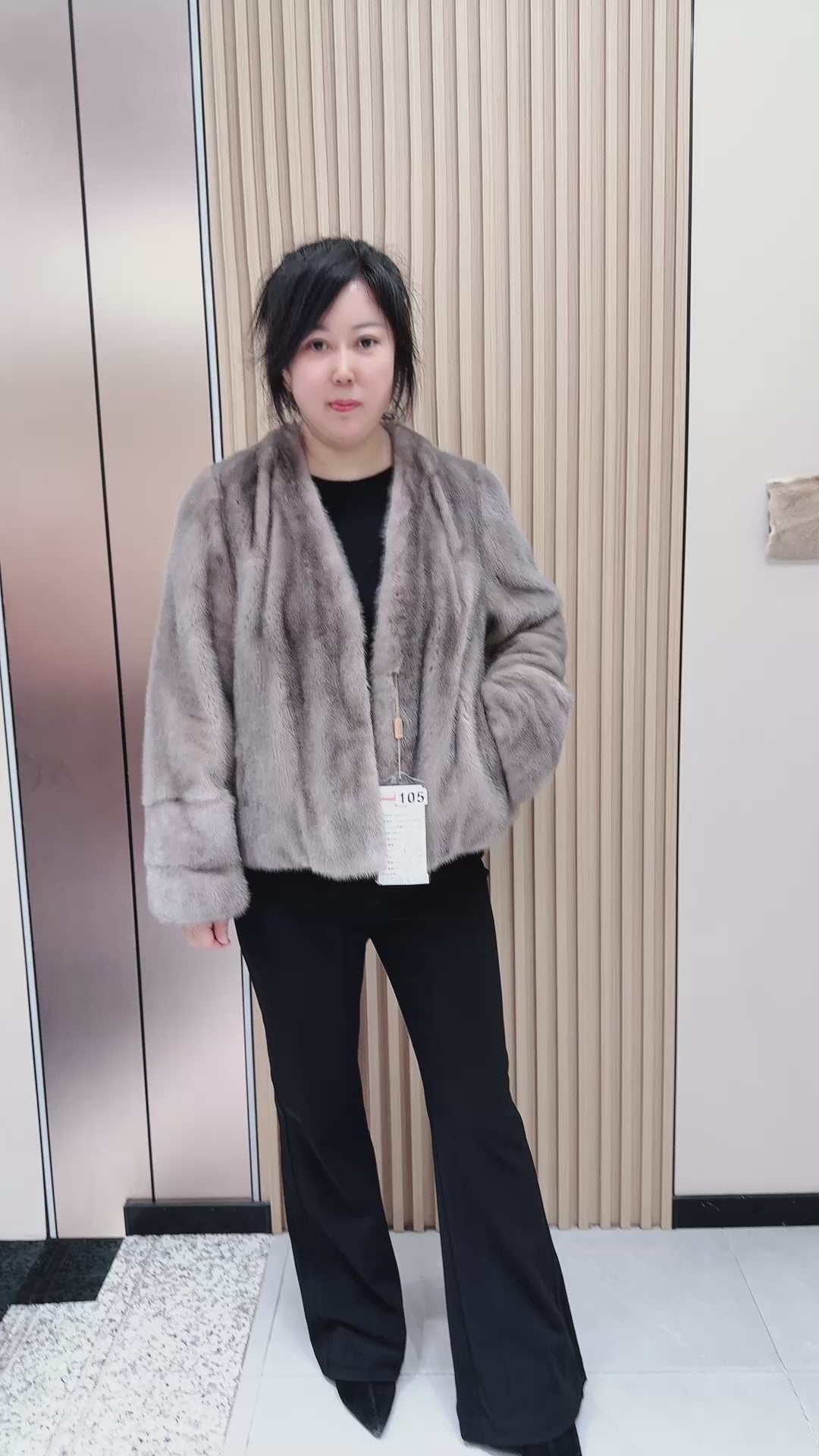 No. 105 Grey V-neck mink fur coat