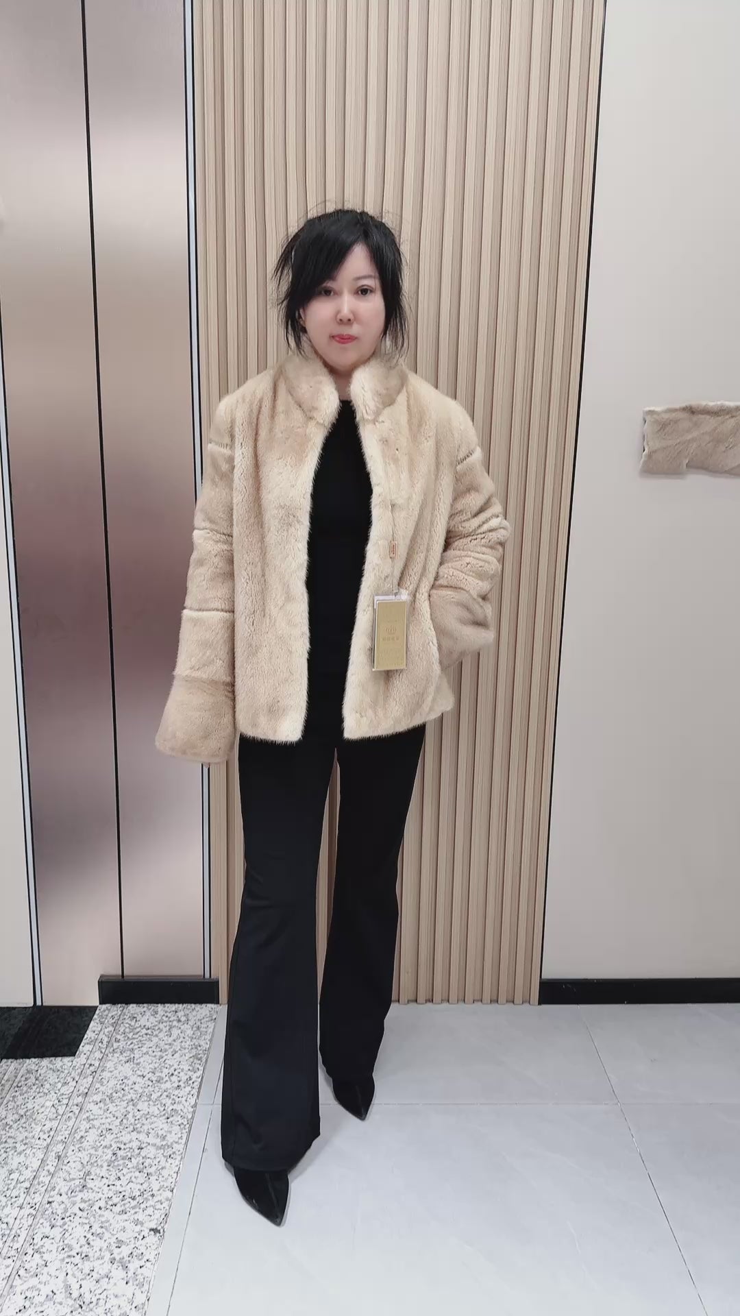 No. 111 Beige Stand-Collar Mink Fur Coat