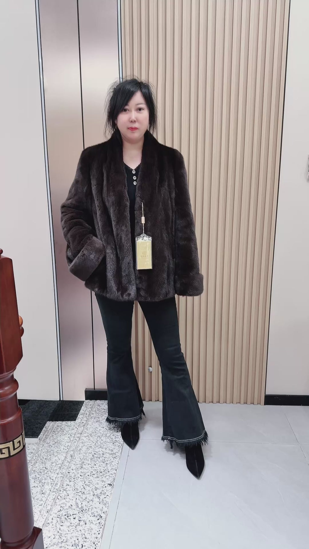 No. 075 Dark Brown V-Neck Mink Fur Coat (with Cuffed Sleeves)
