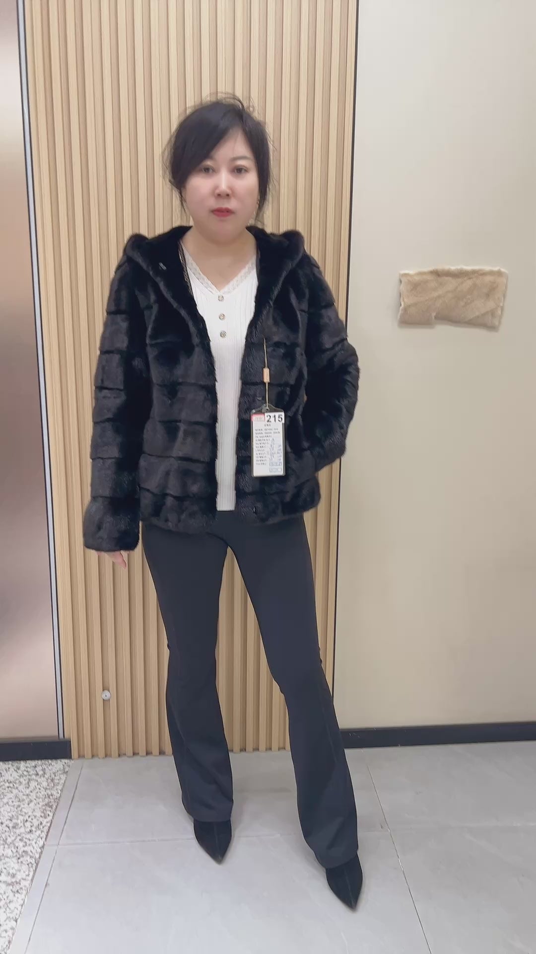 No. 215 Black Hooded Mink Fur Coat with Horizontal Paneling