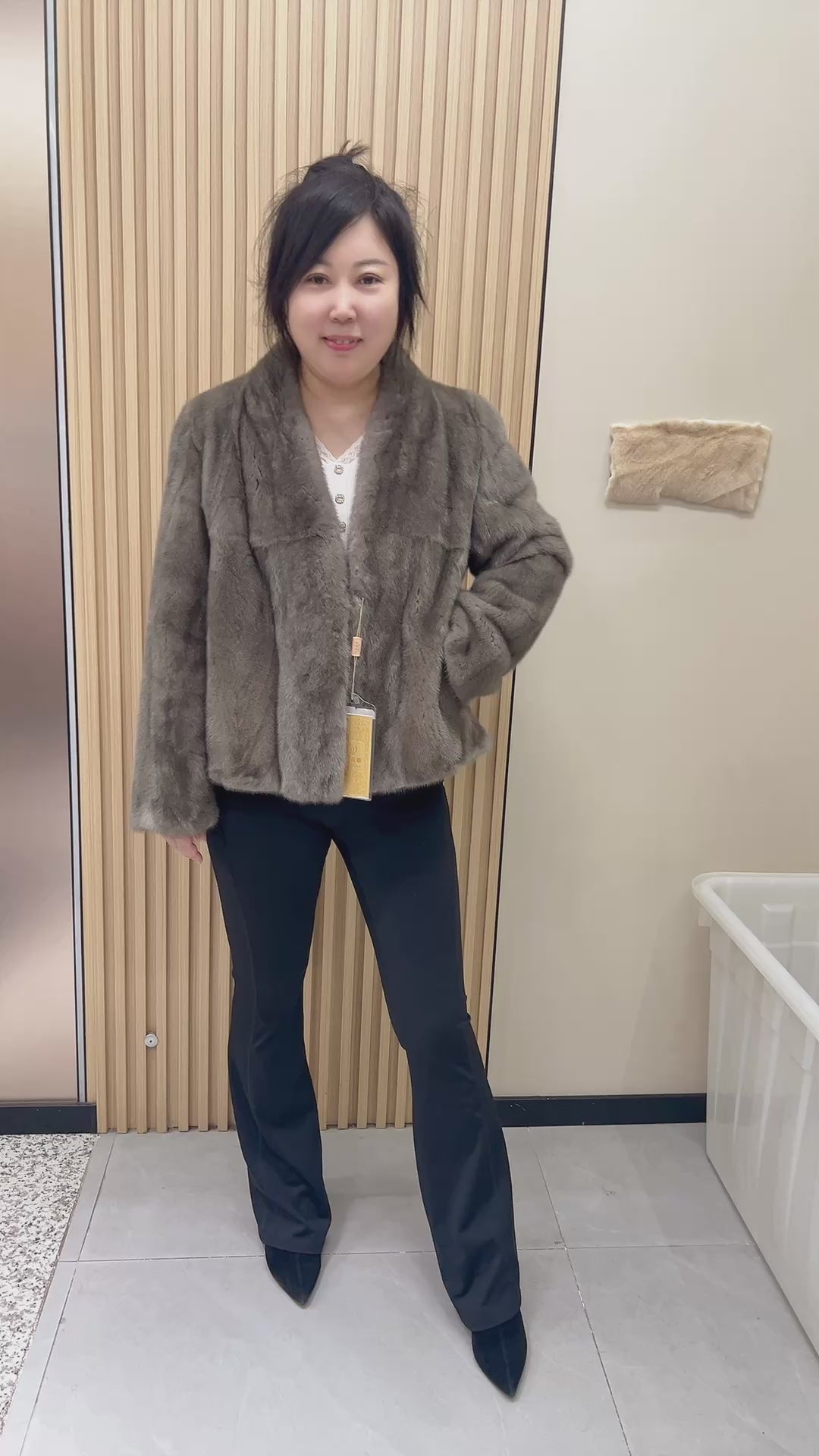 No. 244 Latte-Grey V-Neck Mink Fur Coat