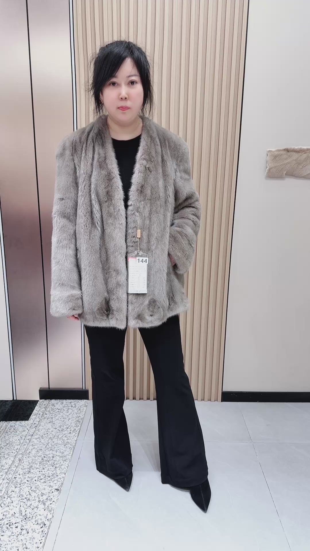 No. 144 Grey V-neck mink fur coat