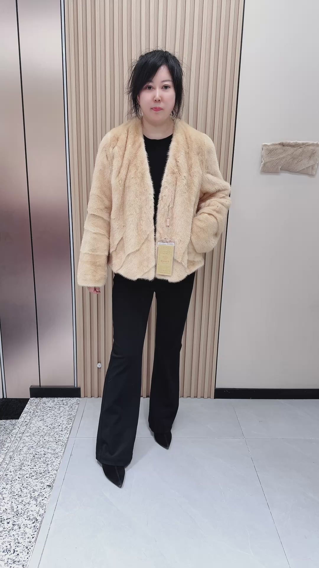 No. 120 Beige V-neck mink fur coat