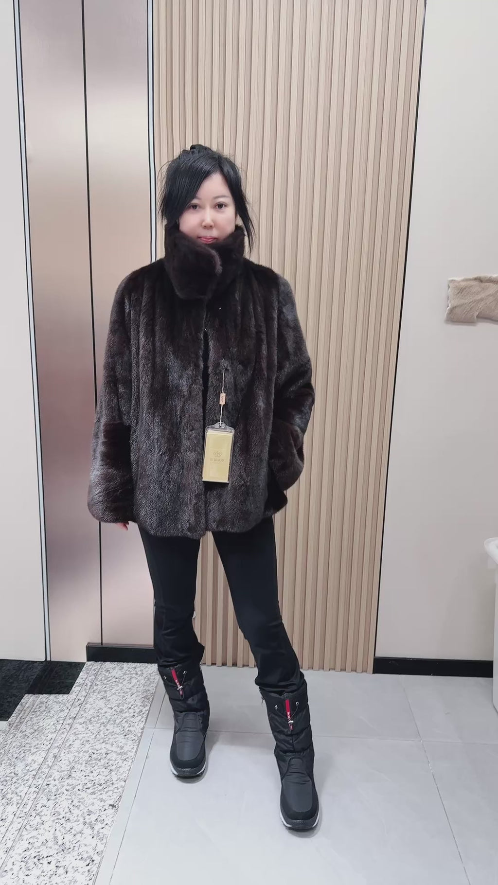 No. 063 Dark Brown Mink Fur Coat with Lapel Collar