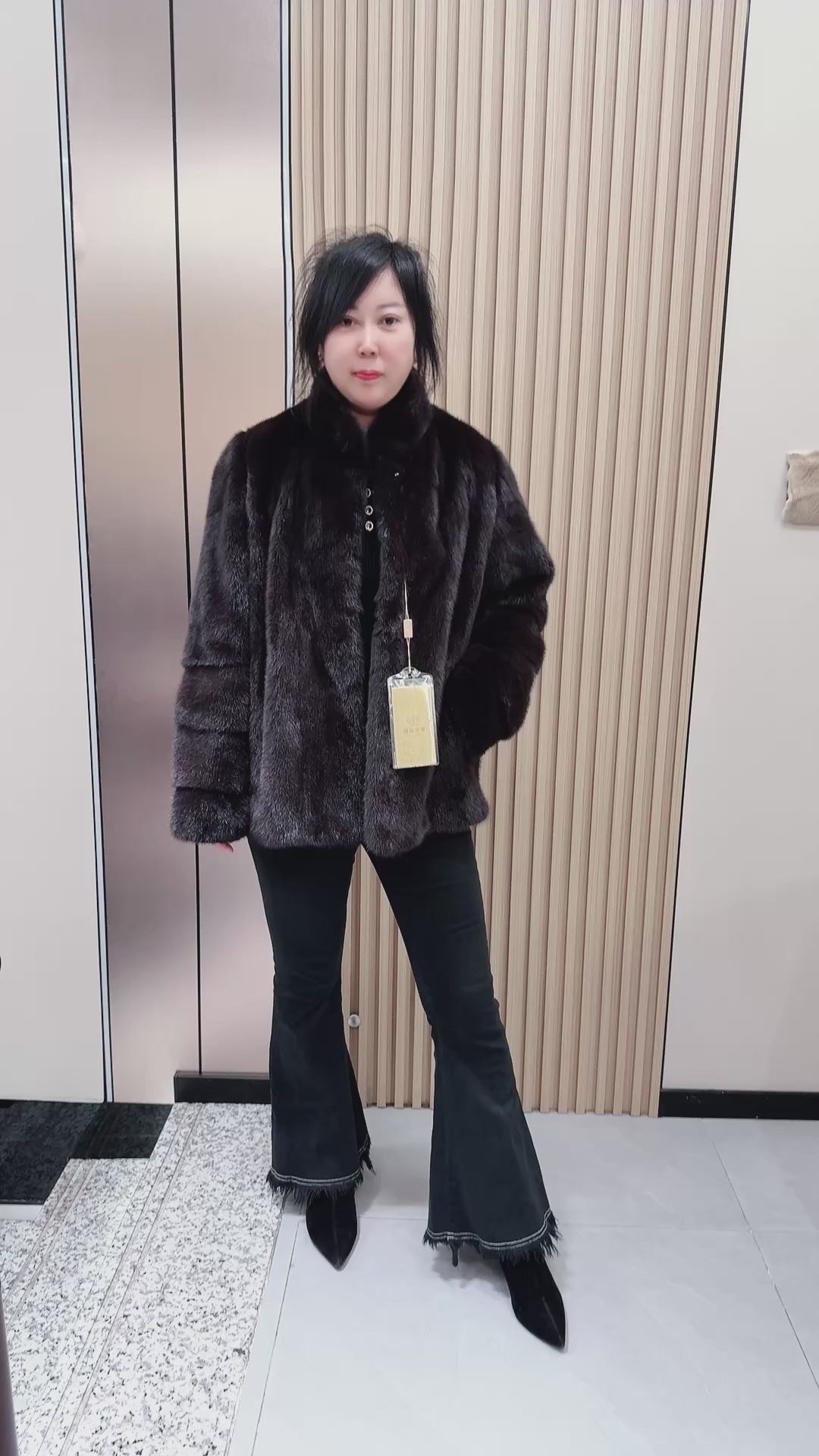 No. 087 Dark Brown Stand-Collar Mink Fur Coat