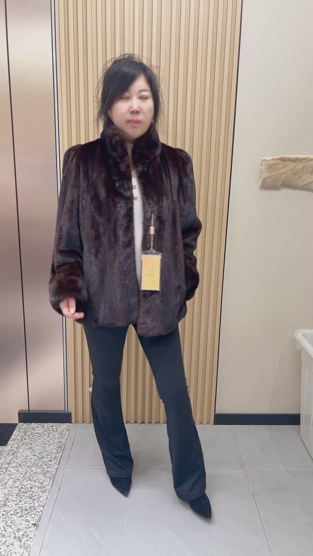 No. 237 Dark Brown Stand-Collar Mink Fur Coat (with Fold-Back Cuffs)