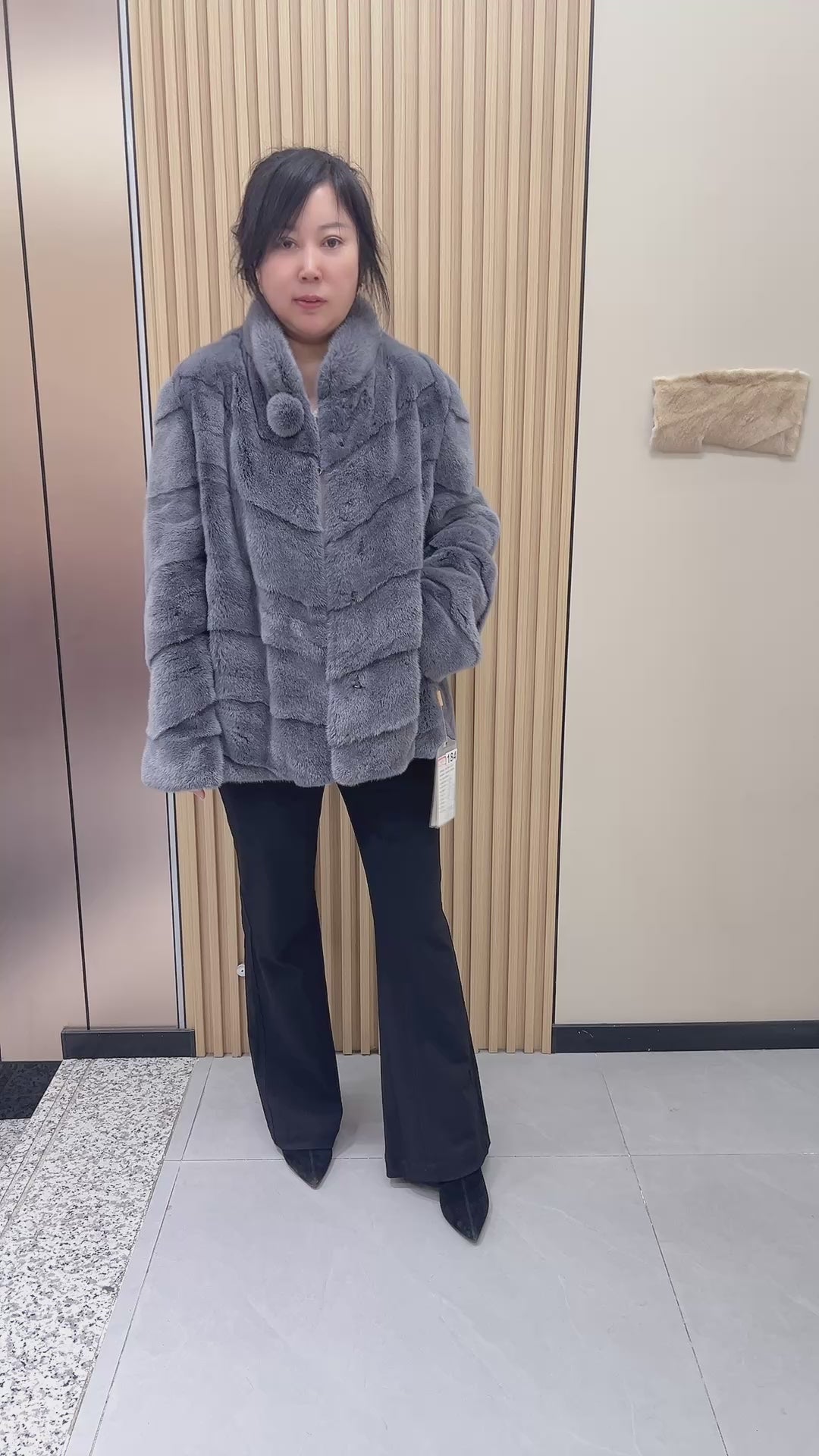 No. 184 grey stand-collar mink fur coat, featuring a diagonal front closure design.