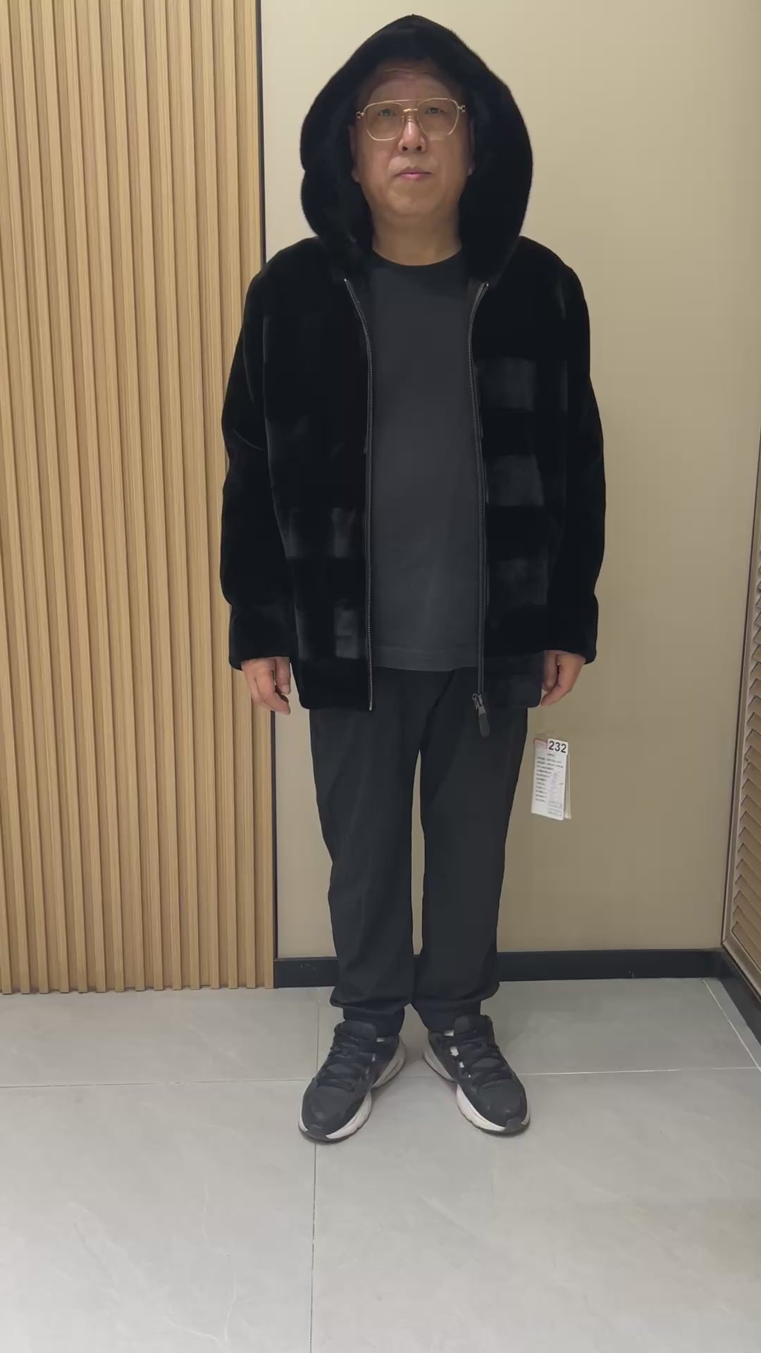 No. 232 Men's Black Hooded Mink Fur Coat – Front Zipper Design