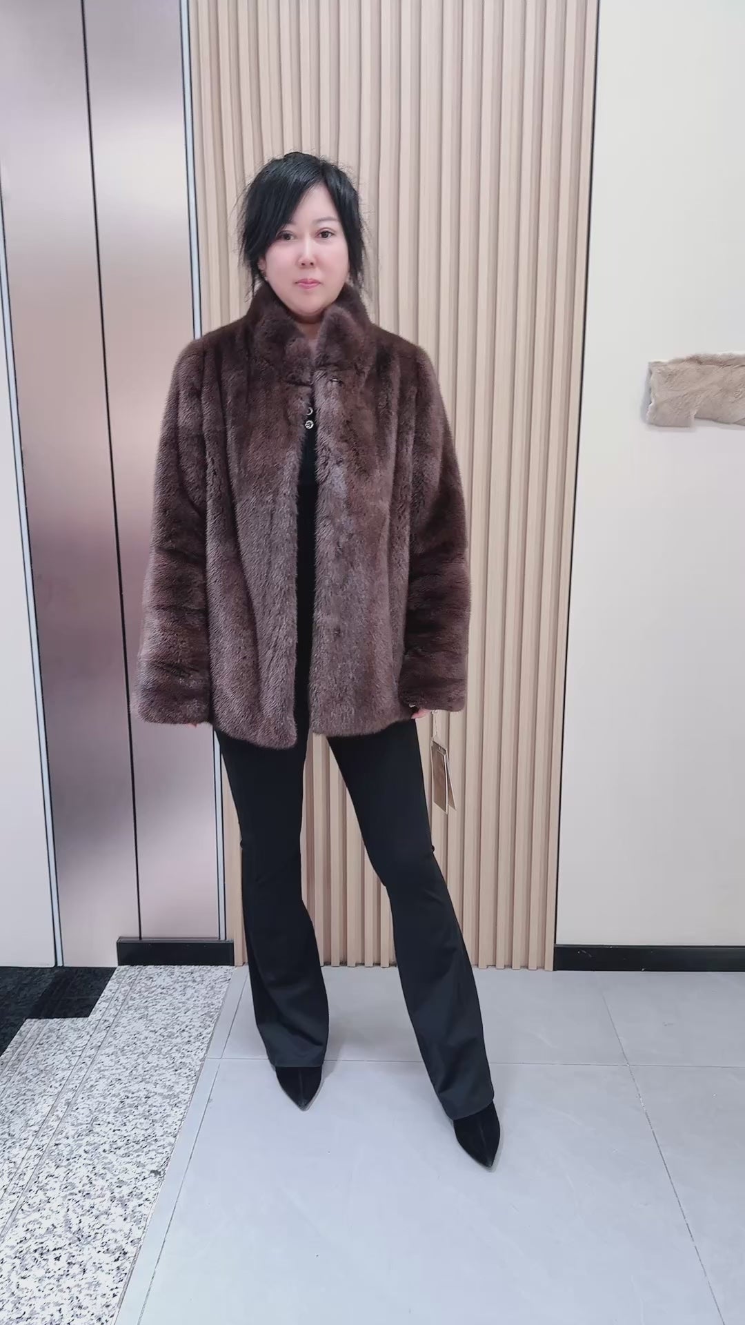No. 047 Brown Stand-Collar Mink Fur Coat