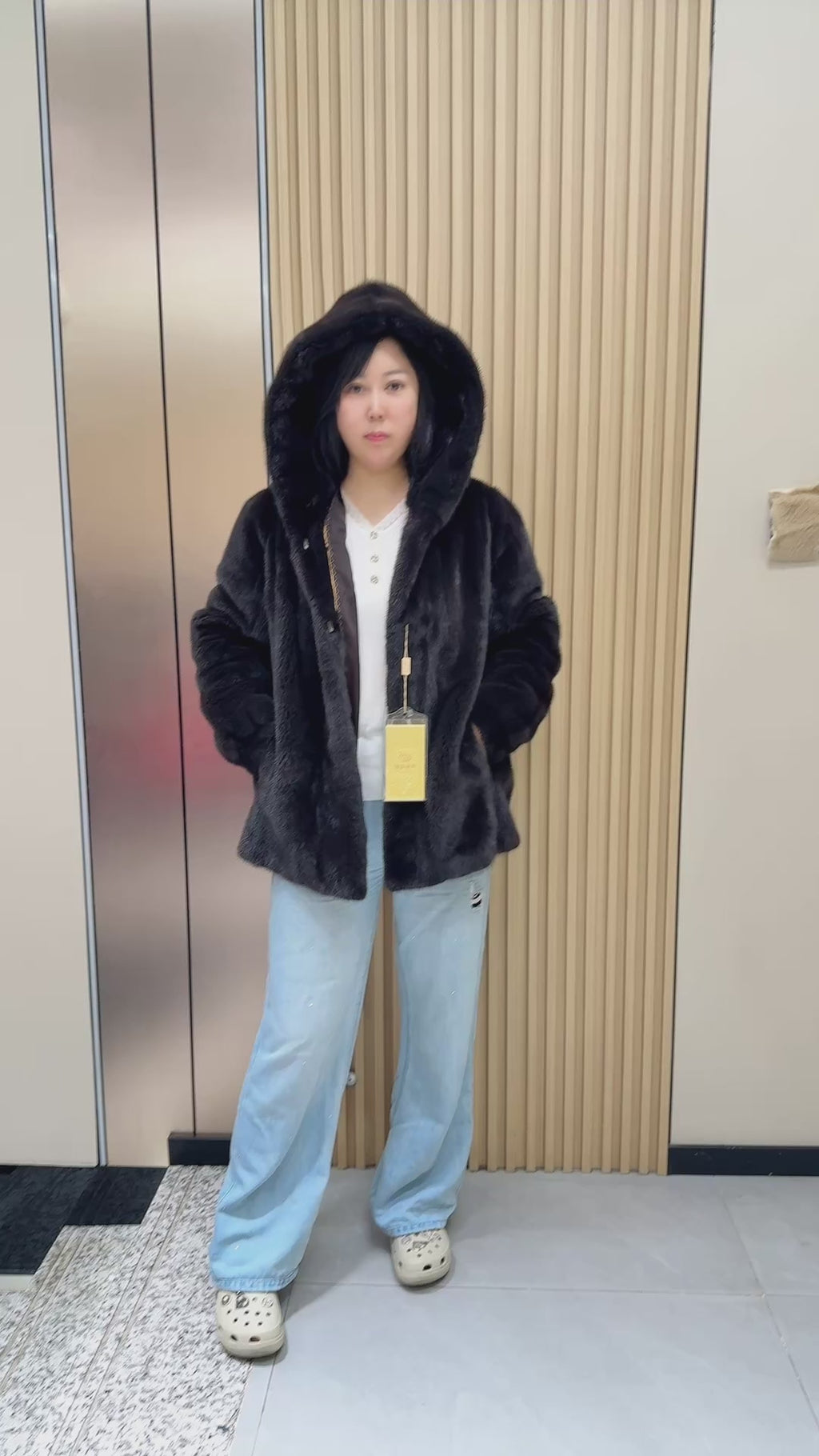 034 Brown Hooded Mink Fur Coat