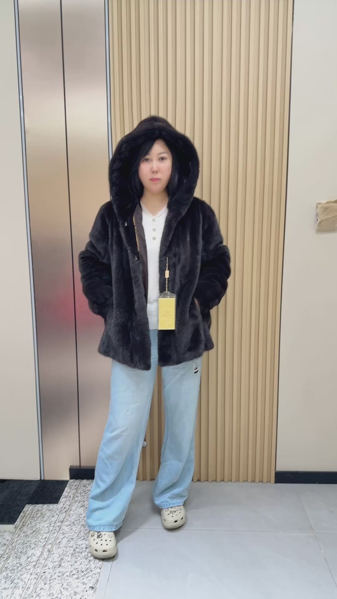 034 Brown Hooded Mink Fur Coat