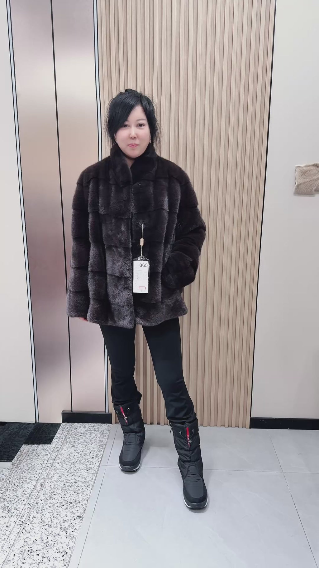 No. 065 Dark Brown Mink Fur Coat with Stand Collar and Horizontal Paneling