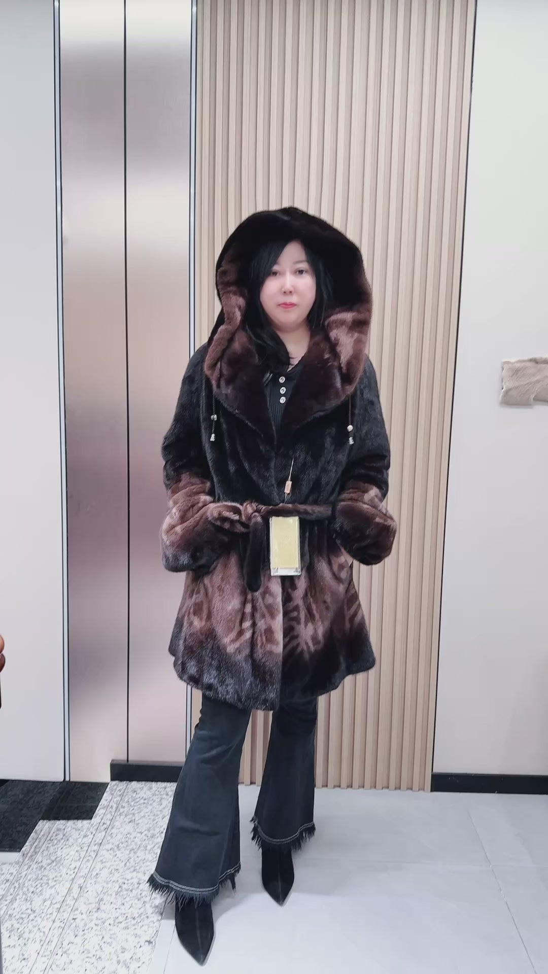 No. 092 Dark Brown Ombré Print Mink Fur Coat (with Shawl Collar)