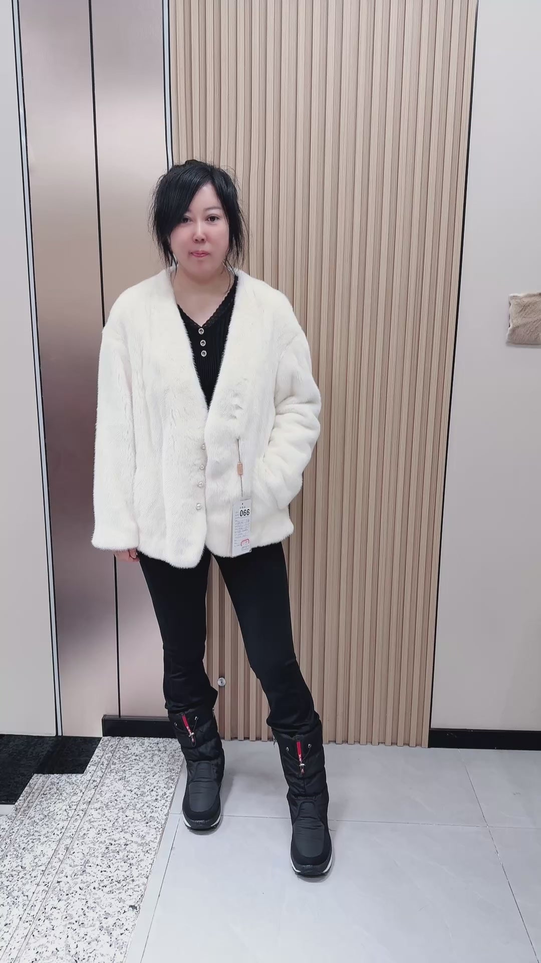 No. 066 White Mink V-Neck Fur Coat with Pearl Button Design