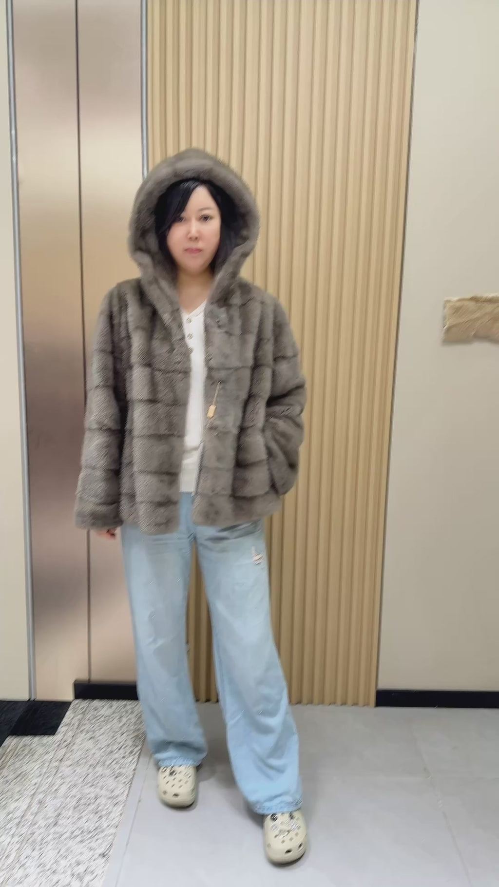 024 Grey Hooded Mink Fur Coat with Horizontal Pelts