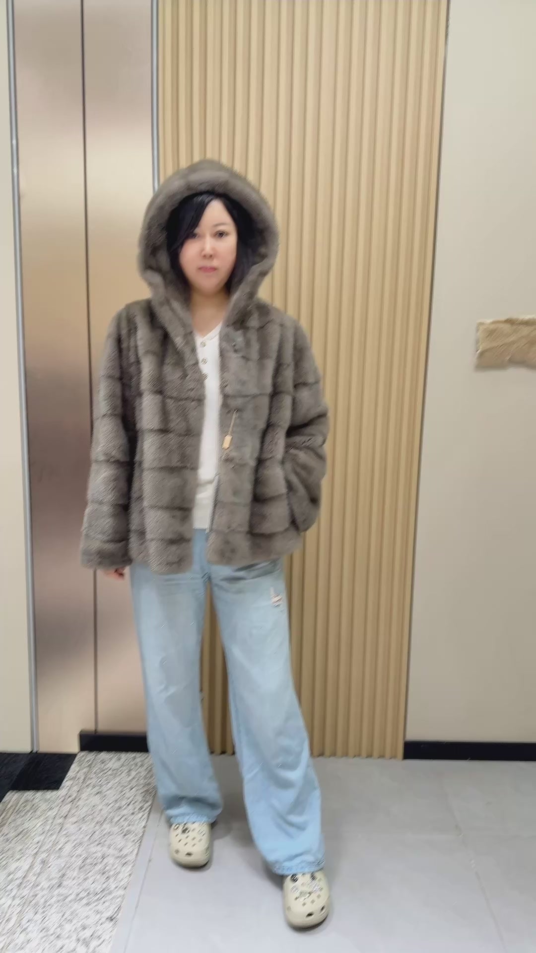024 Grey Hooded Mink Fur Coat with Horizontal Pelts