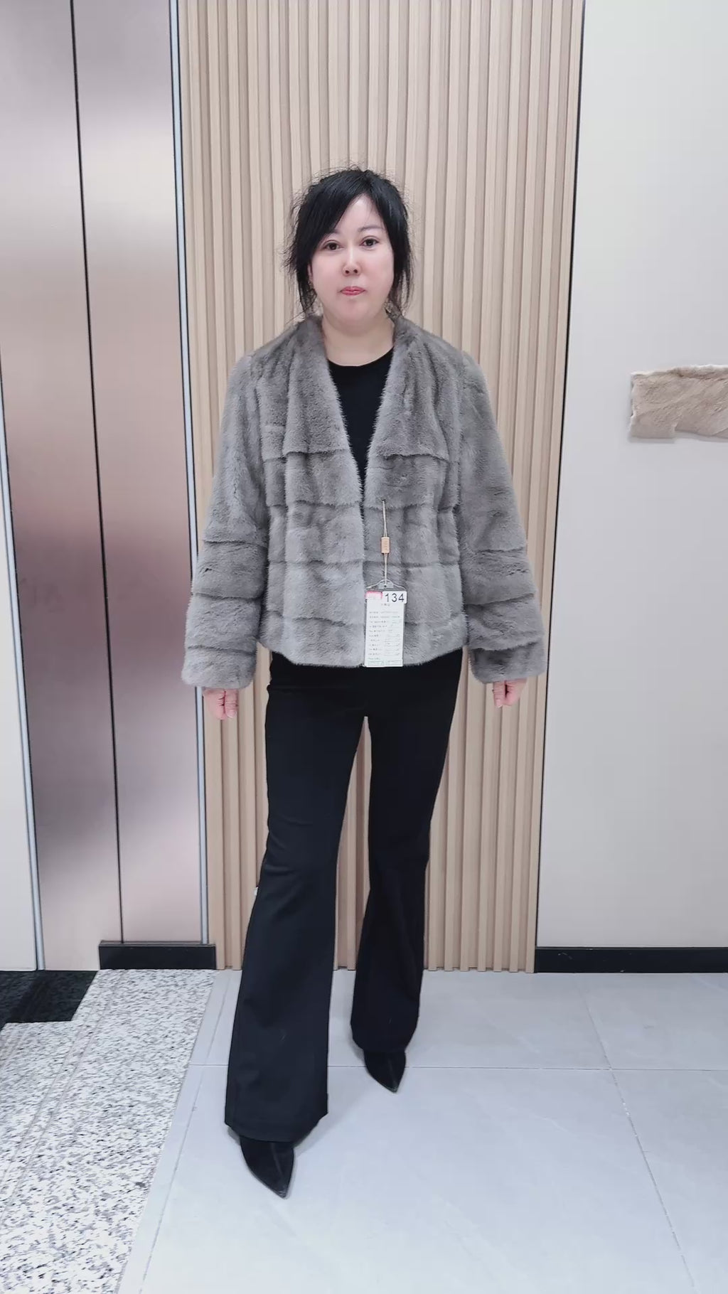 No. 134 Grey V-neck mink fur coat featuring an AB panel design.