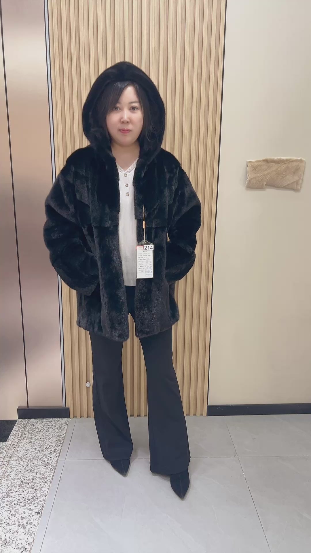 No. 214 Black Hooded Mink Fur Coat