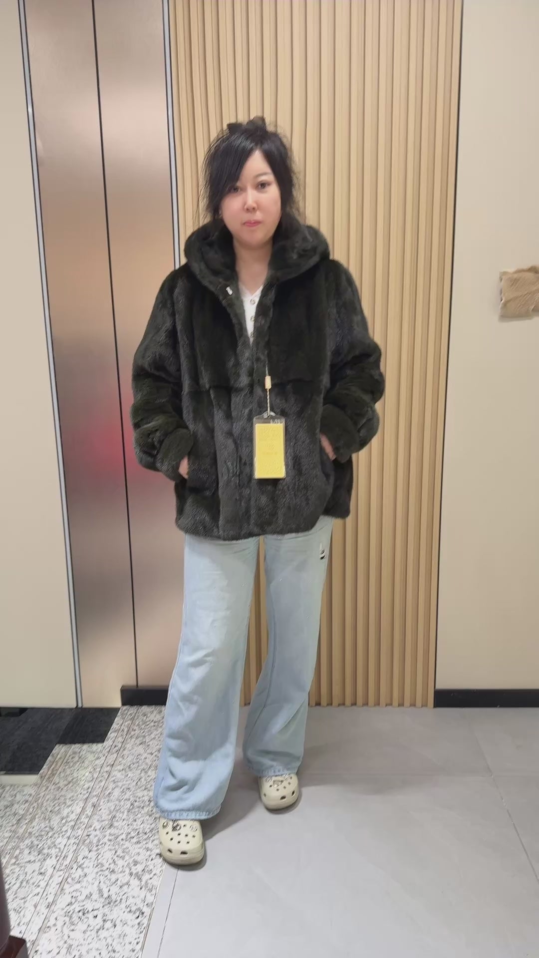 033 Dark Green Hooded Mink Fur Coat