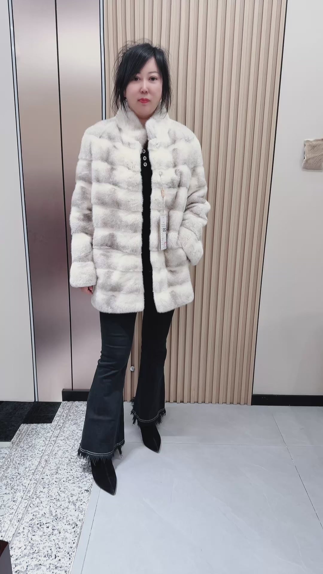 No. 082 White Cross Mink Fur Coat with Stand Collar and Horizontal Design