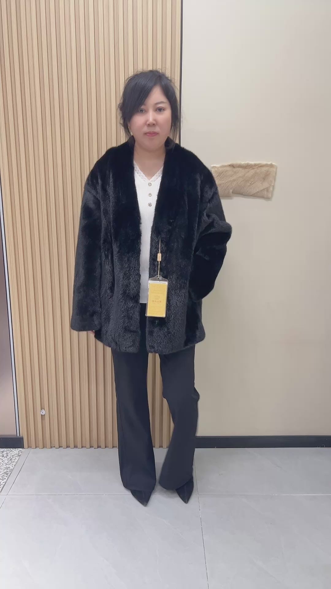 No. 200 Black V-Neck Mink Fur Coat