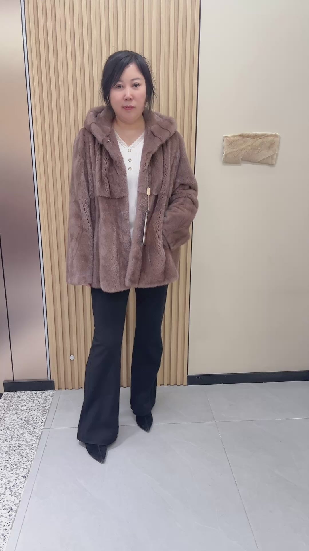 No. 188 Light Brown Hooded Mink Fur Coat