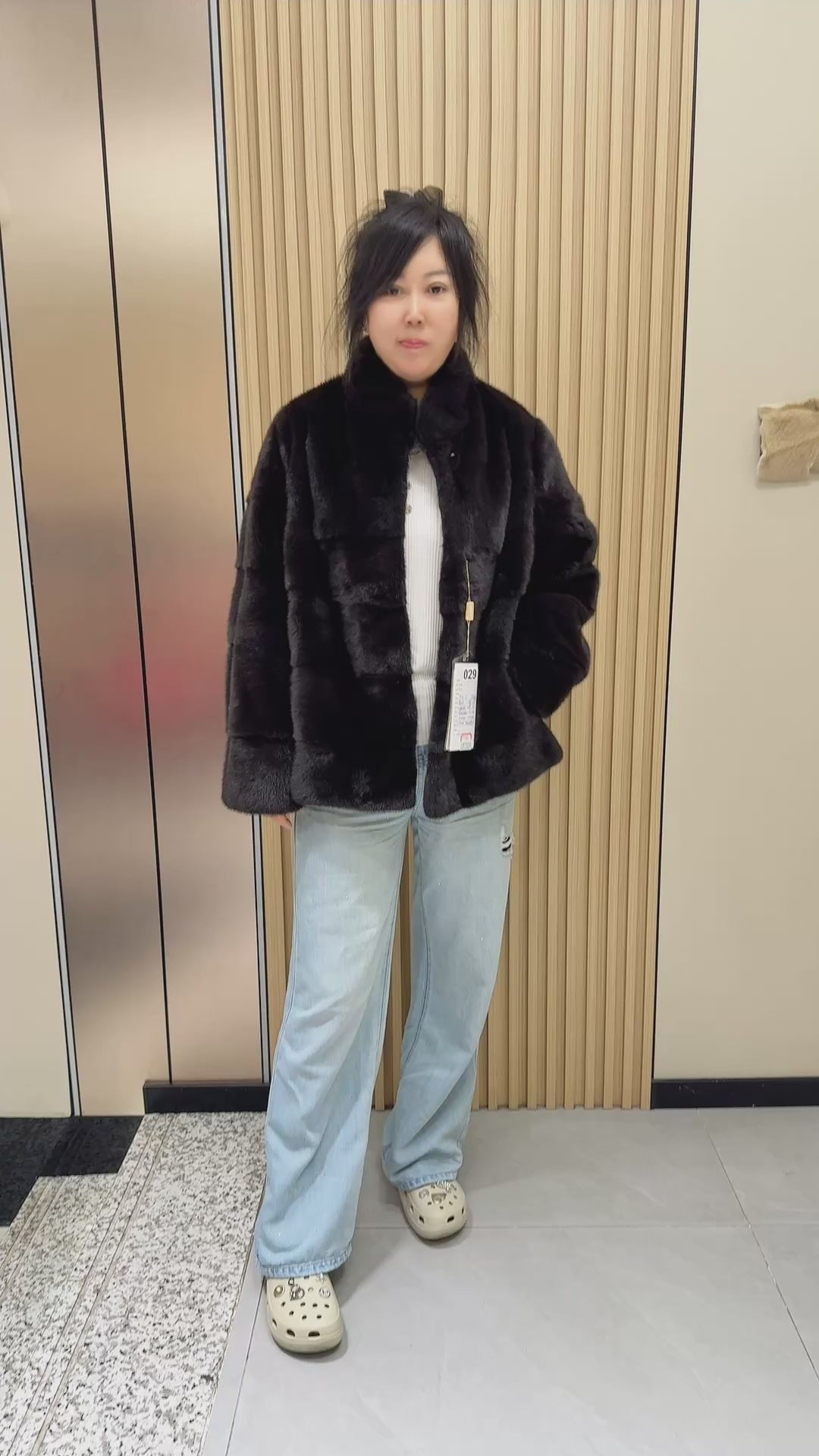 029 Brown stand-collar mink fur coat with a velvet-like texture, AB-style cut.