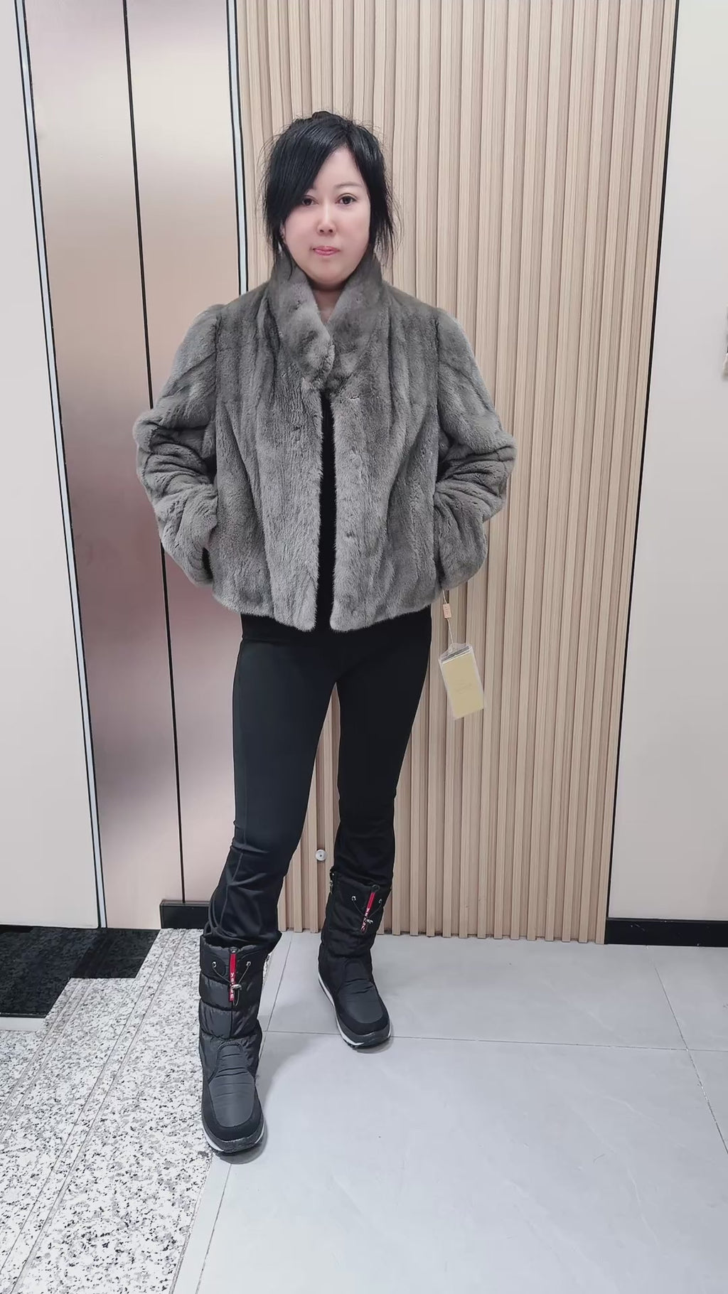 No. 068 Grey Stand-Collar Mink Fur Coat