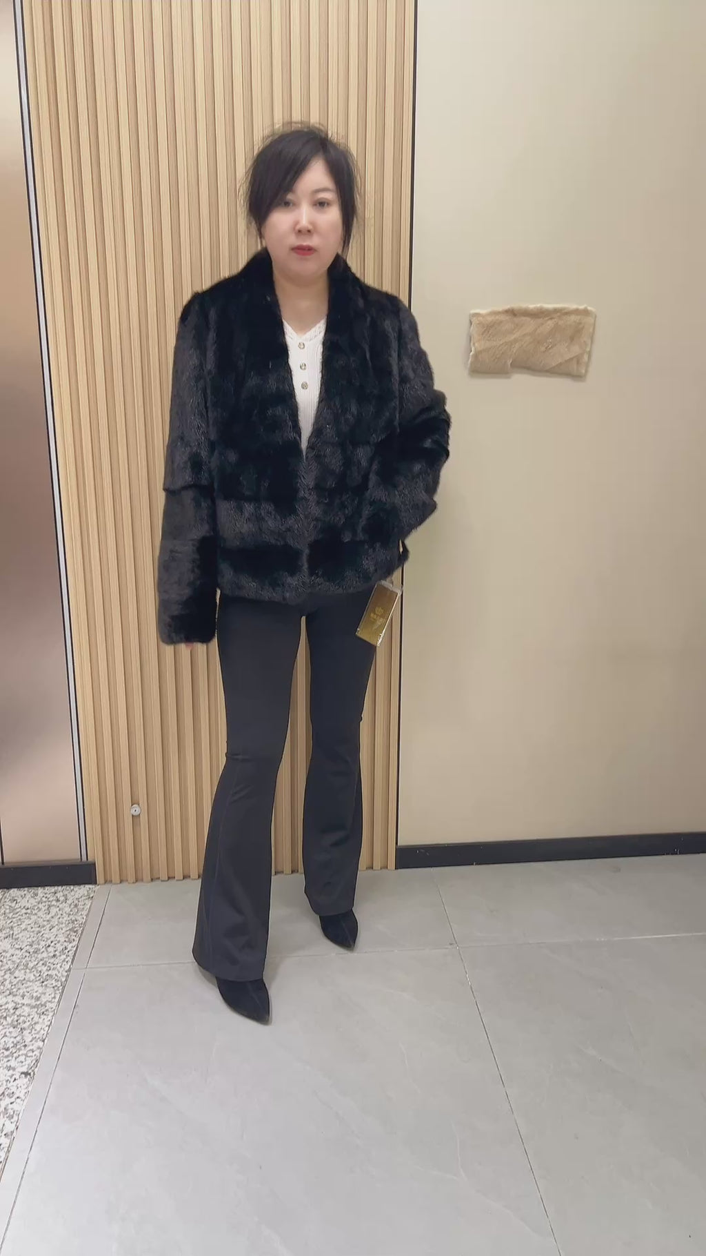No. 230 Black V-Neck Mink Fur Coat (Horizontal and Vertical Pattern Design)