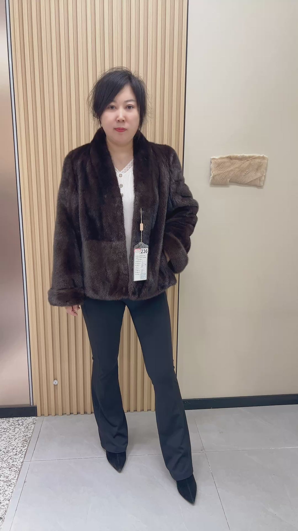 No. 236 Dark Brown V-Neck Mink Fur Coat (with Cuffed Sleeves)