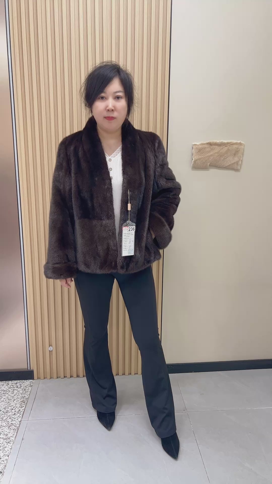 No. 236 Dark Brown V-Neck Mink Fur Coat (with Cuffed Sleeves)