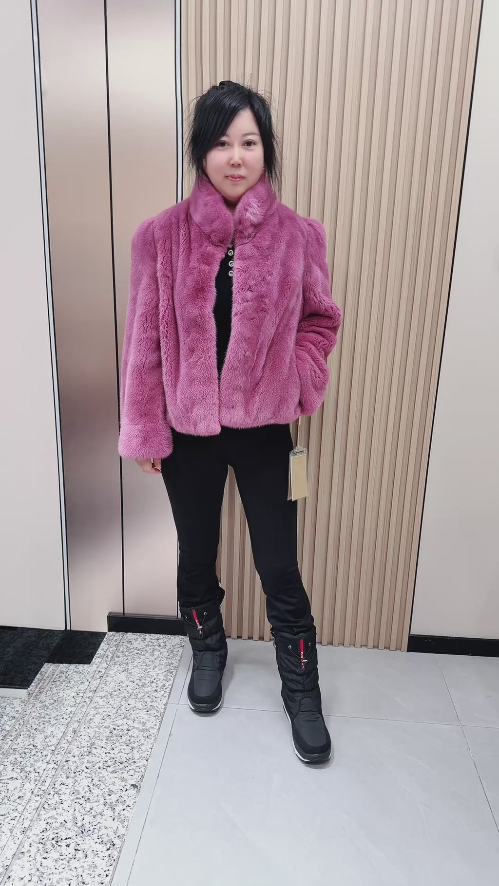 No. 057 Rose-pink stand-collar mink fur coat
